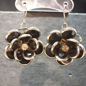 Vintage Style Black Rhinestone Flower Drop Earrings - Silver Tone 3D Floral